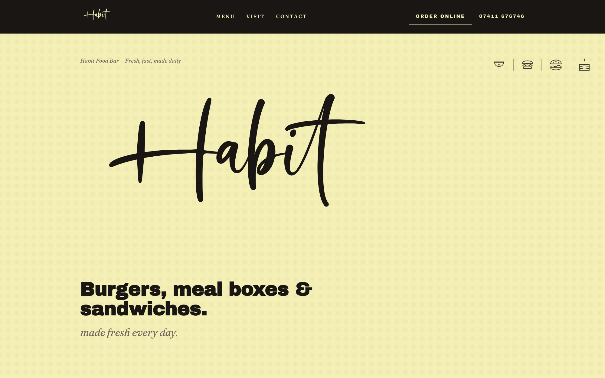 The Habit Food Bar homepage, with the Habit script logo and the headline “Burgers, meal boxes & sandwiches”