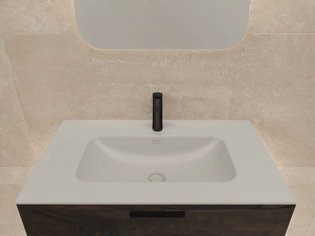 A Poseidon close-up render of an 800mm cabinet basin with a chrome tap