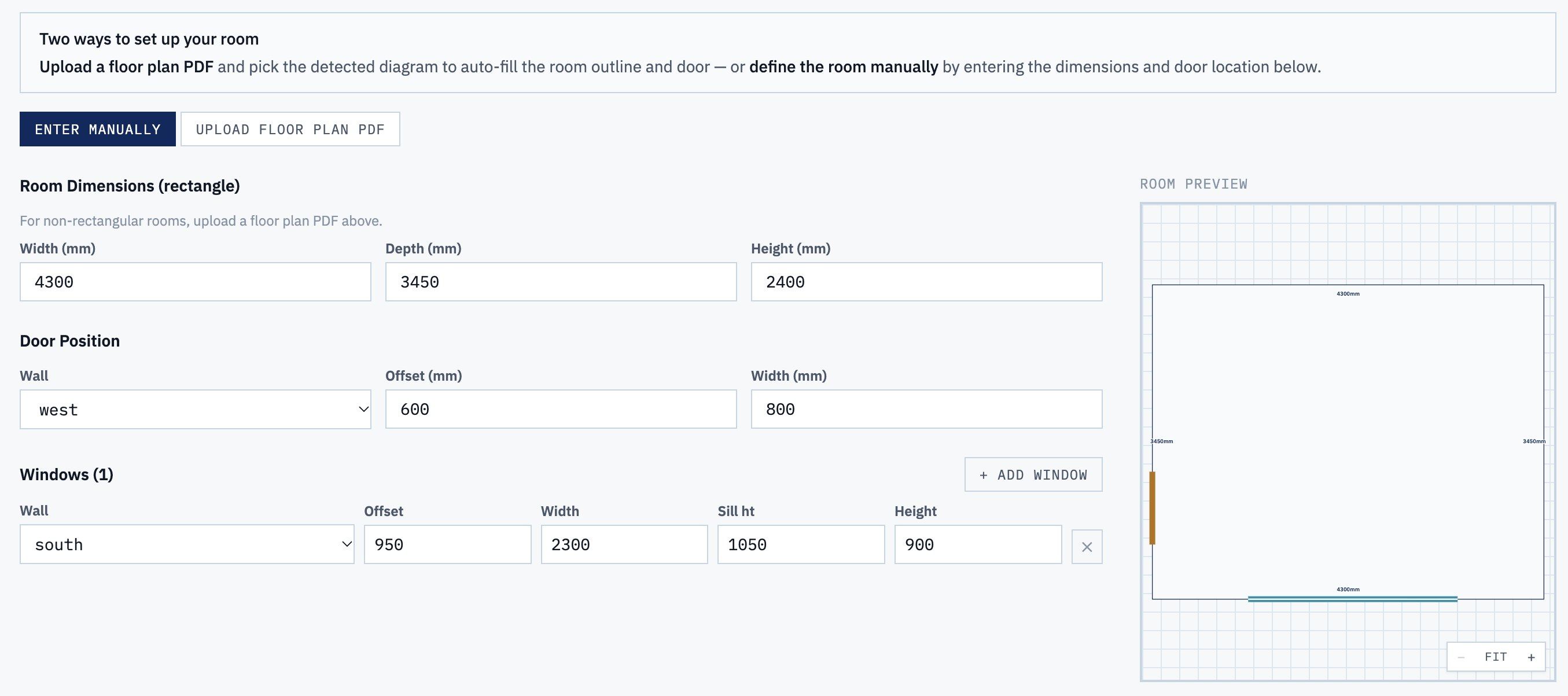 Poseidon Step 1 — room width, depth and height, door and window position, with a live plan preview