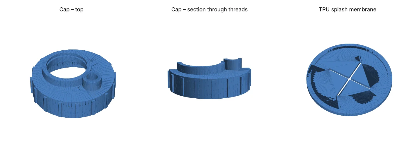 v0.1: a plain threaded cap with the port in its end face