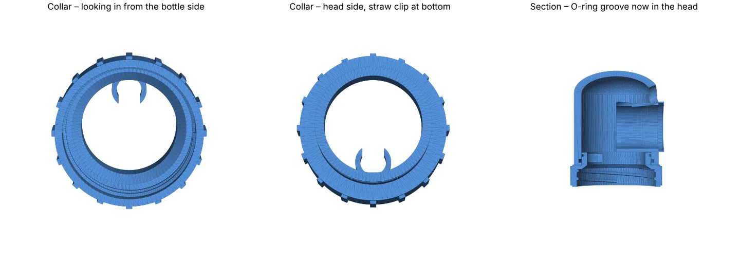 The revised collar: a much wider bore with a C-shaped straw clip at the bottom